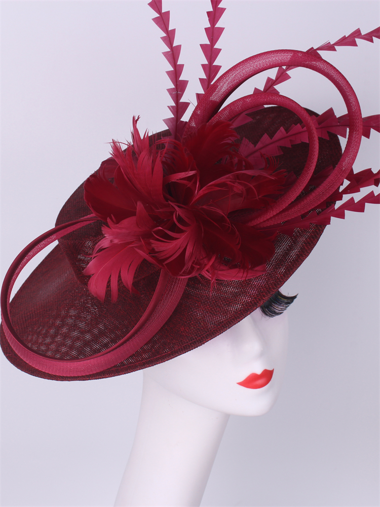 Burgundy Millinery หมวก Headbands อุปกรณ์เสริมเลียนแบบ Sinamay DERBY ค็อกเทลหมวกผู้หญิงเจ้าสาวผม Fascinator Feather แฟนซี