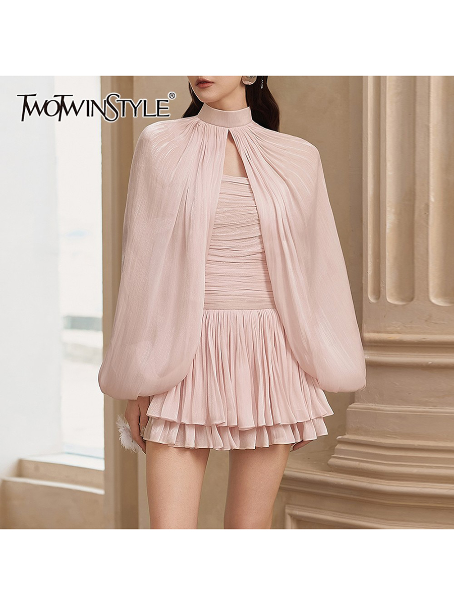 Ensemble deux pièces doux et plissé TWOTWINSTYLE pour femmes, haut à col montant à manches longues, robe sans bretelles sans manches, ensembles de robes pour femmes