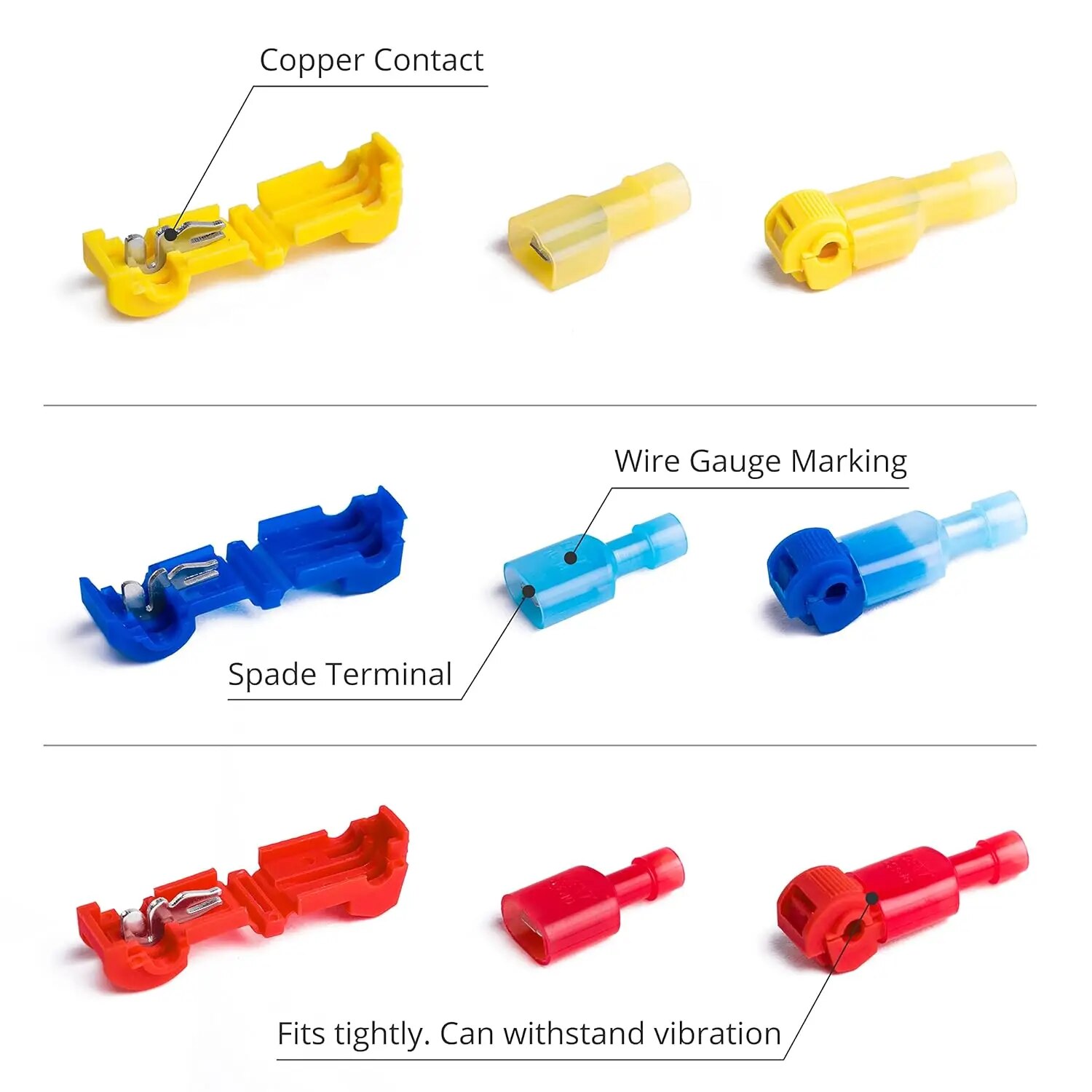 100 pces/50 pares conectores de fio t-tap, conectores elétricos t torneira torneiras de emenda de fio rápido e desconexão rápida macho isolada