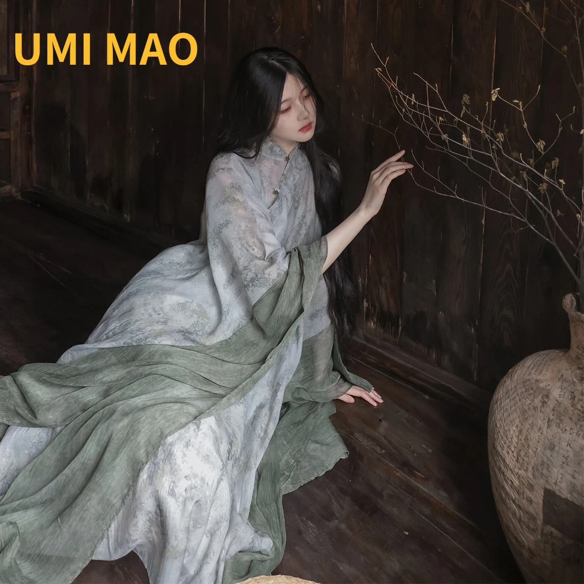 UMI MAO Abbigliamento da donna fatto in casa Fresco stile cinese Cheongsam Maniche larghe ed eleganti Abito letterario verde freddo Abito da donna