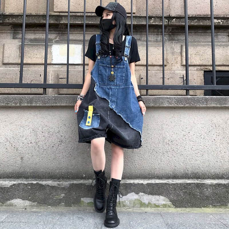 Dżinsowe kombinezony dla kobiet Patchwork Vintage Casual Playsuits Luźne spodenki z szerokimi nogawkami Odzież robocza Jednoczęściowe stroje Odzież damska