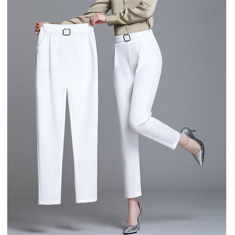 Pantaloni bianchi pantaloni Haren elastici a vita alta da donna pantaloni da tuta professionali selvaggi di moda pantaloni da donna da ufficio pantaloni kaki neri