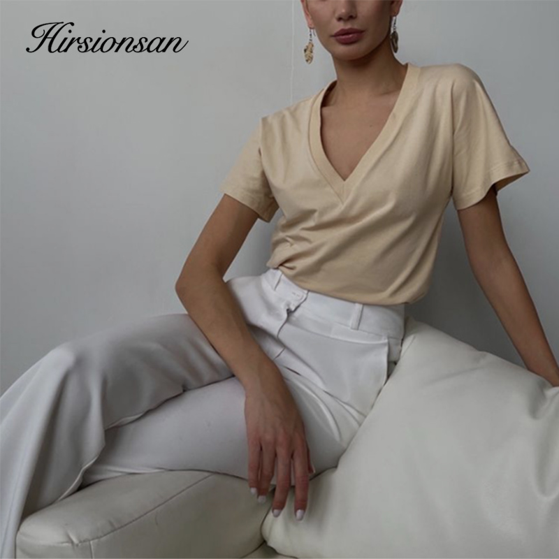 Hirsionsan 2023 Zomer V-hals T-shirt Vrouwen Basic Korte Mouw Katoen Vrouwelijke Zachte Tees Tops Kintwear Harajuku T-shirts Voor dames