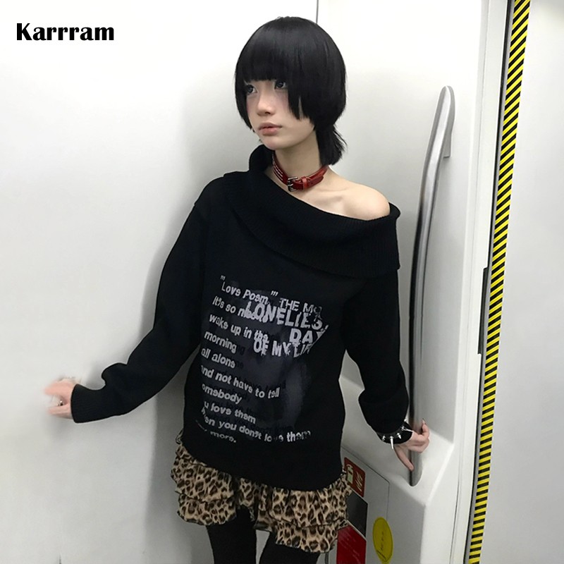 Karrram-suéter japonés Y2k con hombros descubiertos, jerséis de punto con cuello oblicuo de estética Grunge, prendas de punto negras coreanas Vintage de los años 2000