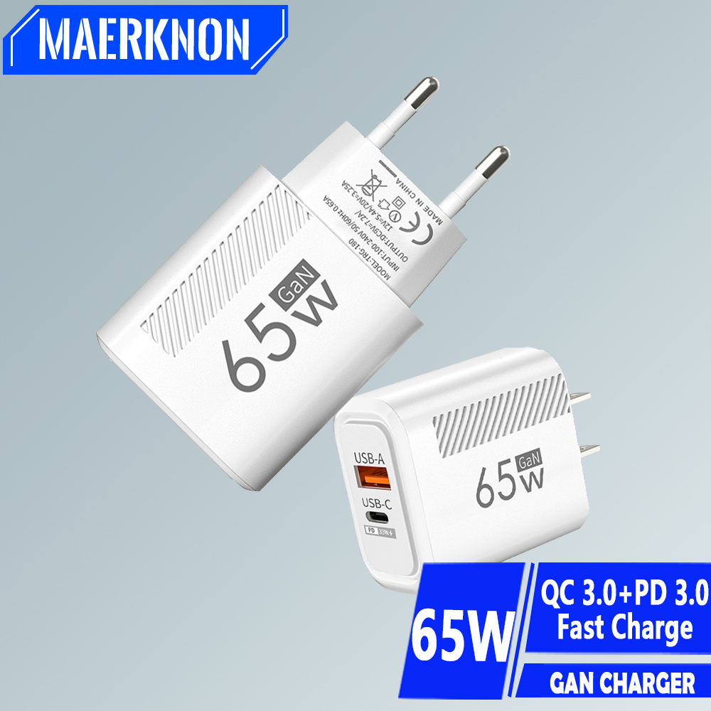 GaN-cargador USB tipo C de 65W, adaptador de teléfono 3,0, Cargador rápido de pared para iPhone, Xiaomi, Samsung, Huawei, enchufe europeo/estadounidense