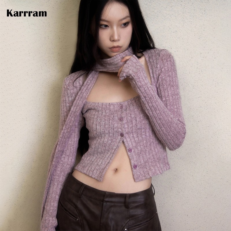 Karrram Japoński krótki kardigan Y2k z szalikiem Koreańska moda Fioletowe dzianiny Vintage Kwadratowy kołnierzyk Crop Cardigans Estetyka