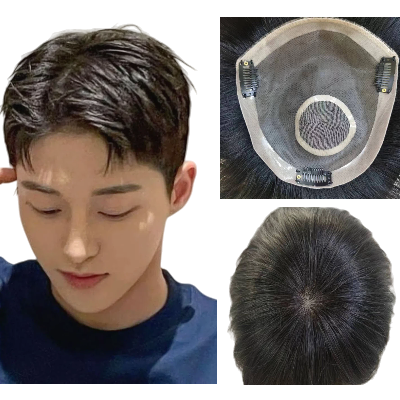 Peluquín de cabello humano 100% de 6 pulgadas para hombres, Mono superior, malla de encaje lateral de PU con Clips, Base atada a mano, sistema de peluca negra Natural para hombres
