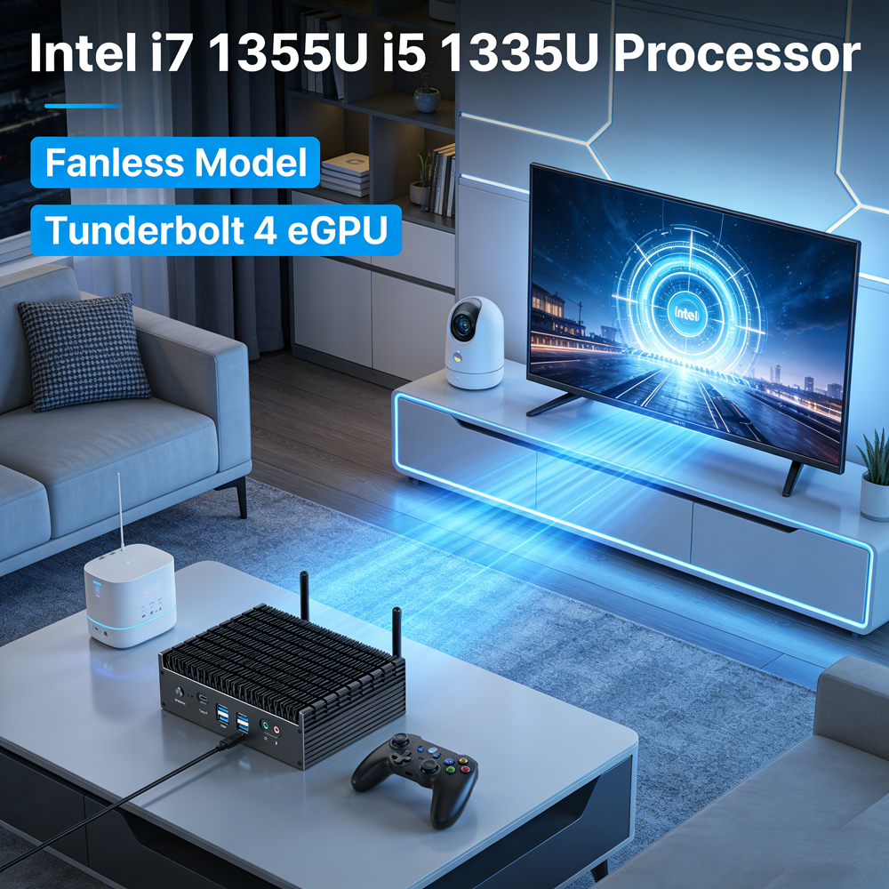 2026 Fanless Mini Gaming PC 13th Gen Intel i7 1355U i5 1335U PCIE4.0 DDR4 Tunderbolt 4 eGPU Desktop PC Gamer Mini Computer WiFi6