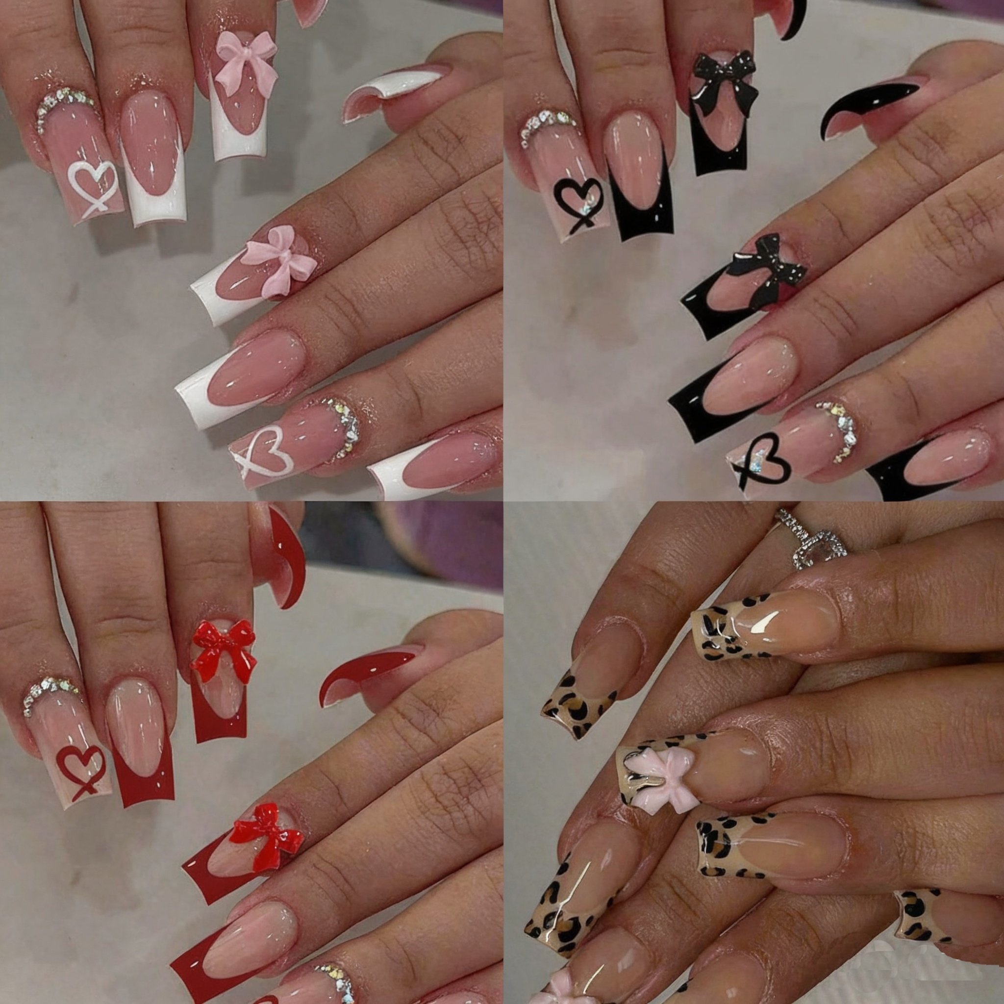 96PCS Medium Coffin Fake Nails With 3d Bow Pendant Design, Heart-Shaped Acrylic Nails, Rhinestones, Fully Covered Women'S Nail