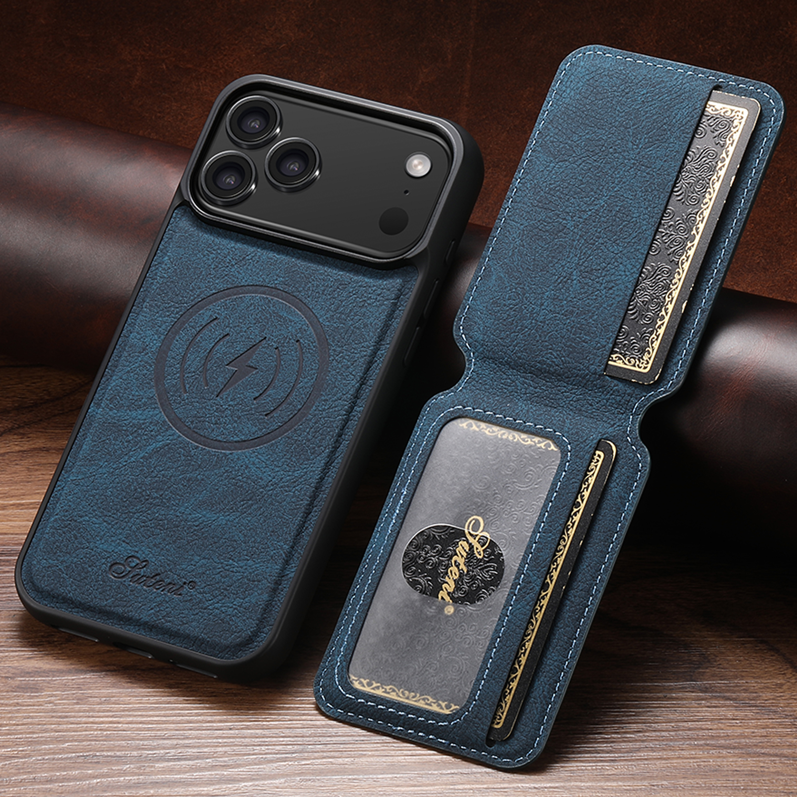 SUTENI – coque de téléphone avec chargement sans fil, support de carte magnétique en Faux cuir pour iPhone 17 Pro Max 16 Plus 15 14 13 12