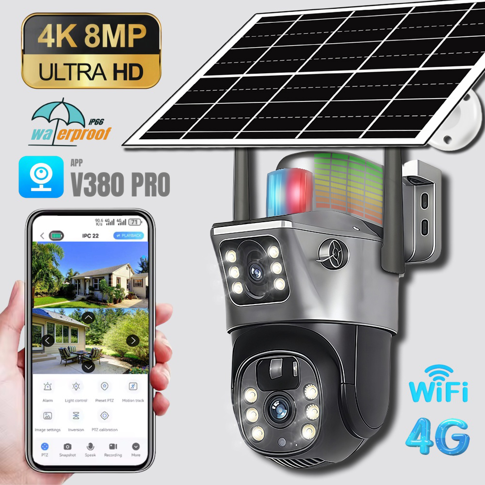 Telecamera IP 4G solare a doppia lente telecamera di sorveglianza Wireless 8MP 4K WiFi per visione notturna domestica intelligente con rilevamento delle persone CCTV