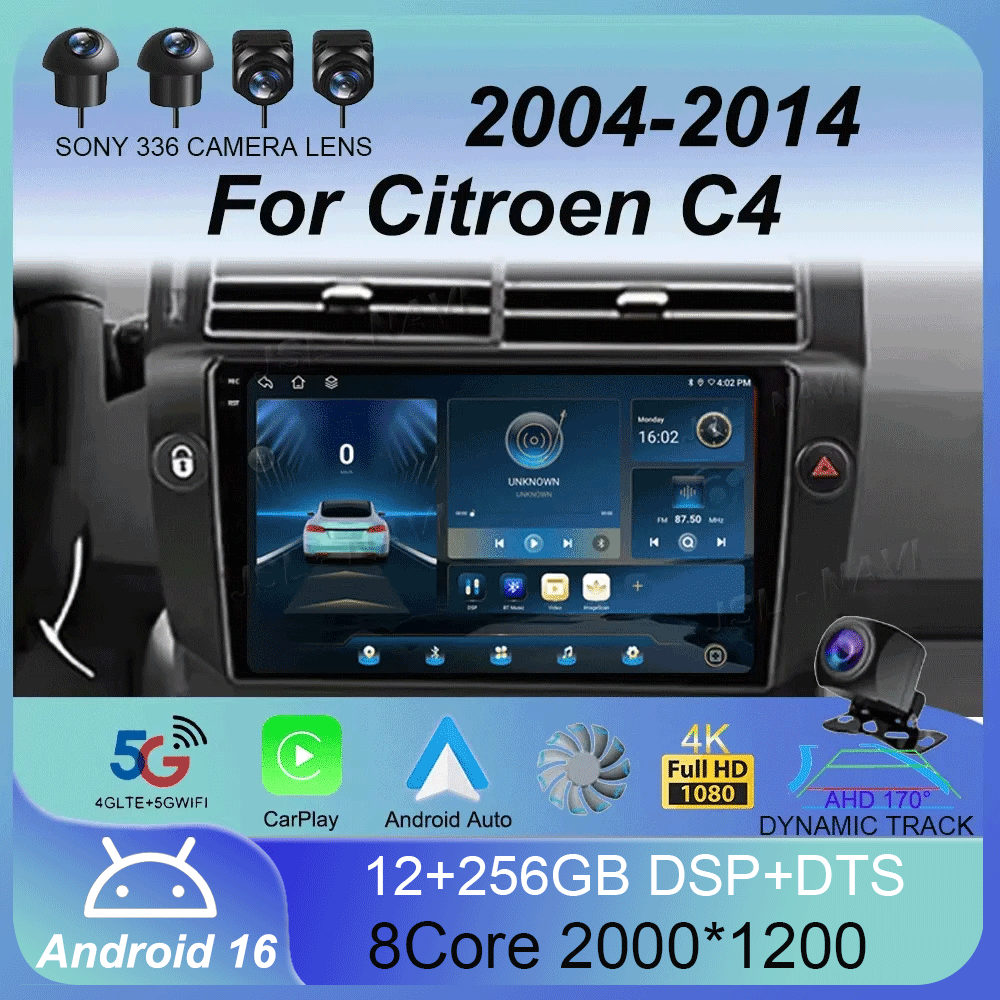 Autoradio 2 Din Android 16 pour Citroën C4 C-Triomphe Quatre 2004-2014 Lecteur multimédia vidéo GPS Carplay Auto Stéréo