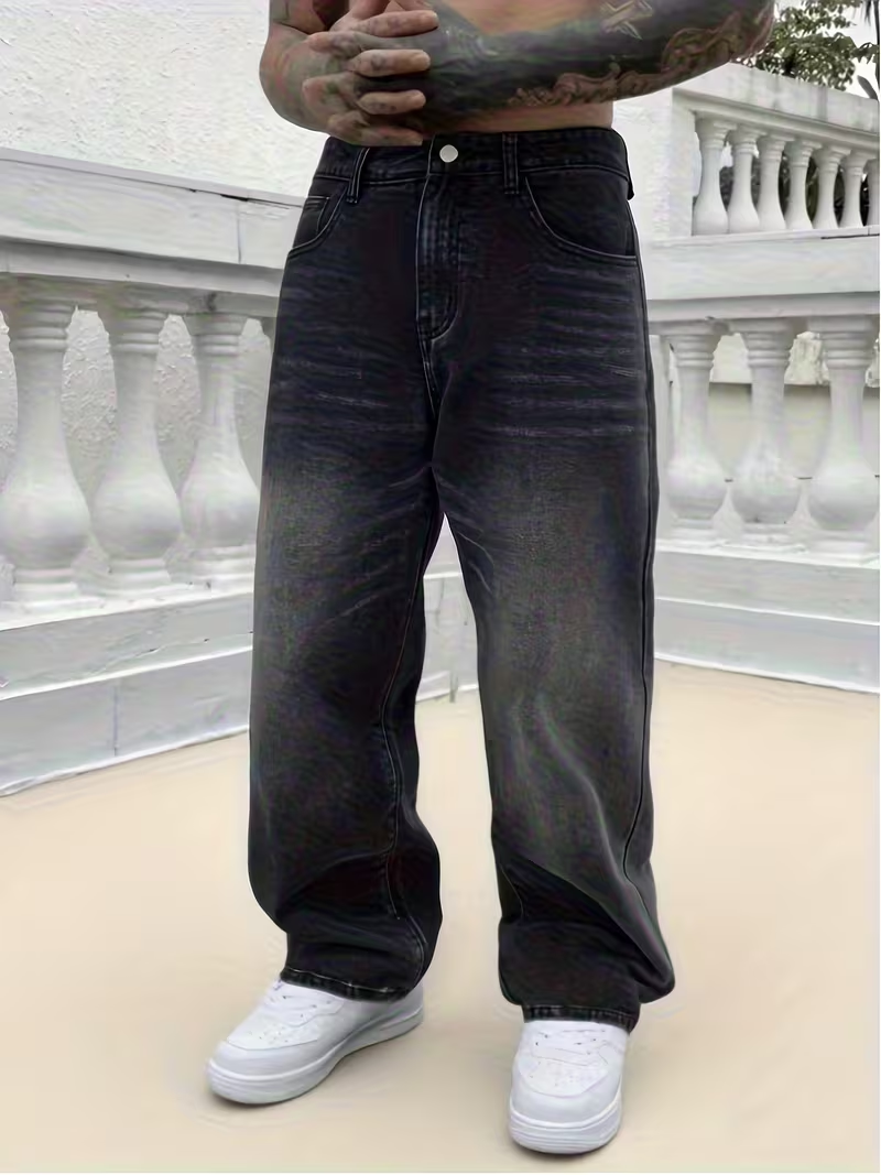 Męskie luźne jeansy z szerokimi nogawkami, czarne, sprane spodnie z denimu bez elastycznego dodatkiem rozciągającego, z wieloma kieszeniami, idealne do codziennego, swobodnego noszenia.