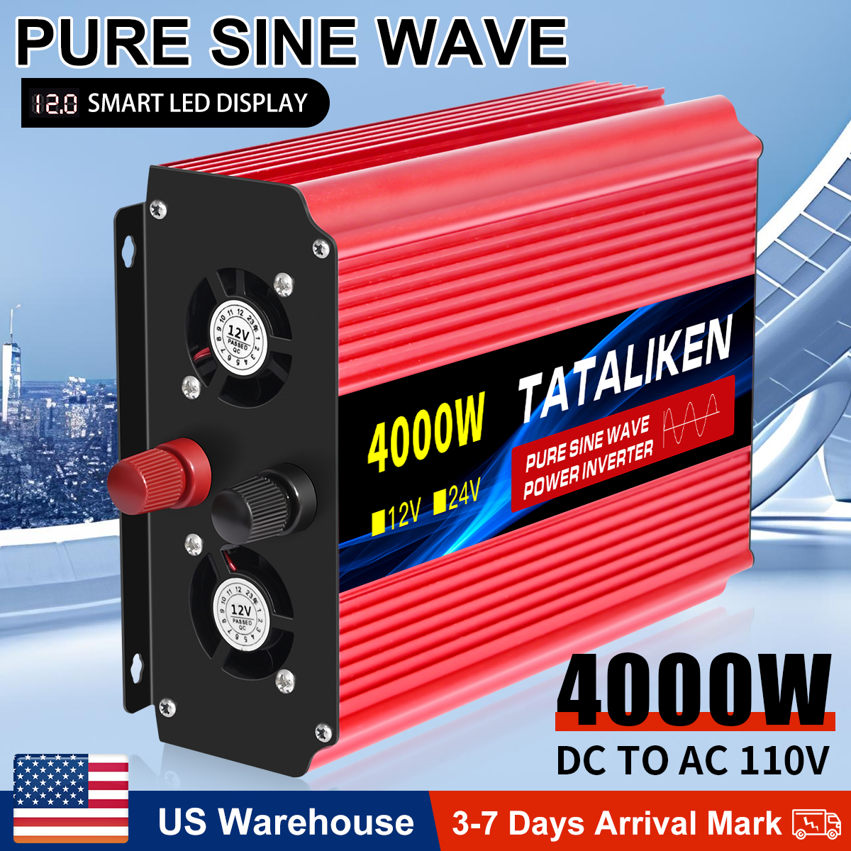 Soket AS Inverter portabel tegangan, Inverter gelombang sinus murni DC12V ke AC 110V 60HZ dengan LED 1000W-10000W