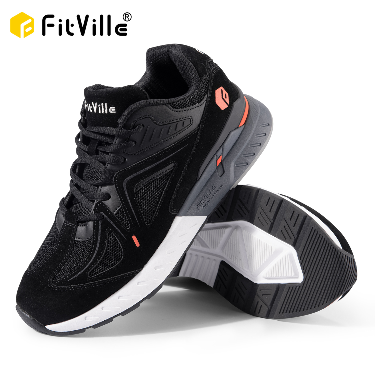FitVille Chaussures de marche orthopédiques extra larges pour hommes, baskets de course légères antidérapantes avec soutien de la voûte plantaire, chaussures soulageant la douleur pour les pieds plats, la fasciite plantaire et les douleurs sévères au talo