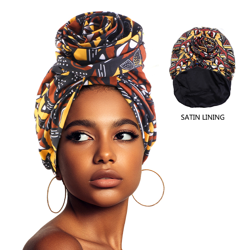 Topi Turban wanita, bahan Satin Afrika berjajar topi bunga besar Motif bunga jilbab Muslim