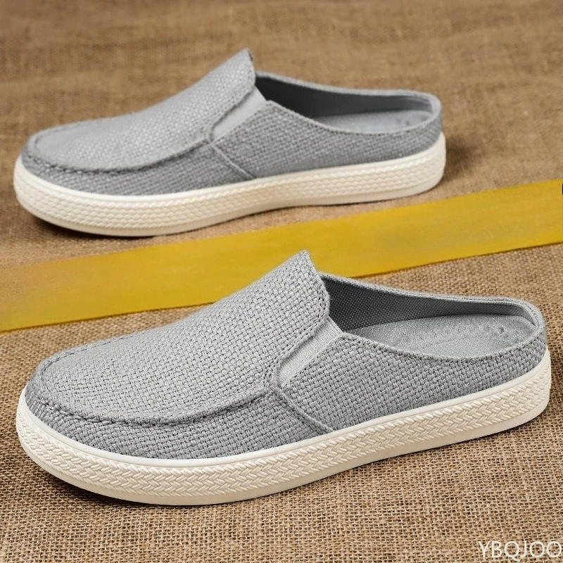 Zomer ademende effen kleur veelzijdige en comfortabele stoffen herenschoenen met één voet, casual lichtgewicht half drag loafers