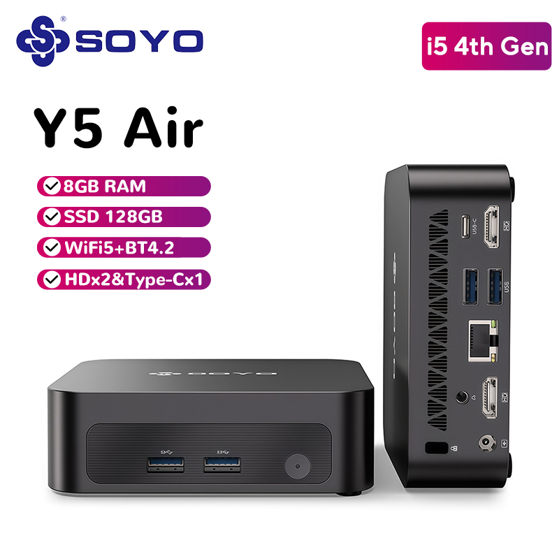 소요 미니 PC Y5 에어 인텔 i5 4세대 CPU, 8GB 램, 128GB M.2 SSD, 미니 데스크탑 컴퓨터, 듀얼 4K 디스플레이, WiFi 5, BT4.2, USB-C 지원