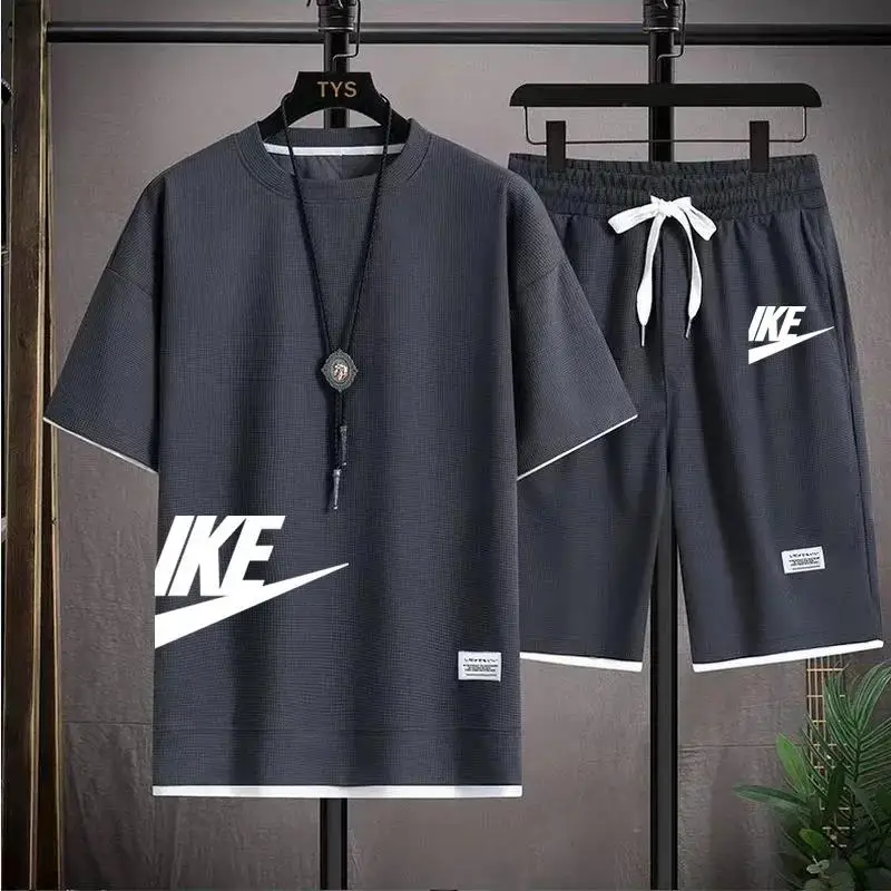 2025 Camiseta de manga corta transpirable para hombre + pantalones cortos para correr, traje deportivo de ocio para fitness de secado rápido a la moda de verano de dos piezas