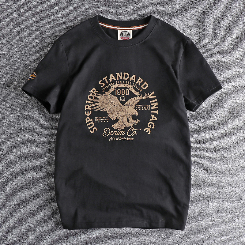 Novedad de verano, camiseta Retro americana de manga corta con cuello redondo y estampado de águila, camisetas deportivas informales lavadas de algodón 100% simples a la moda para hombre