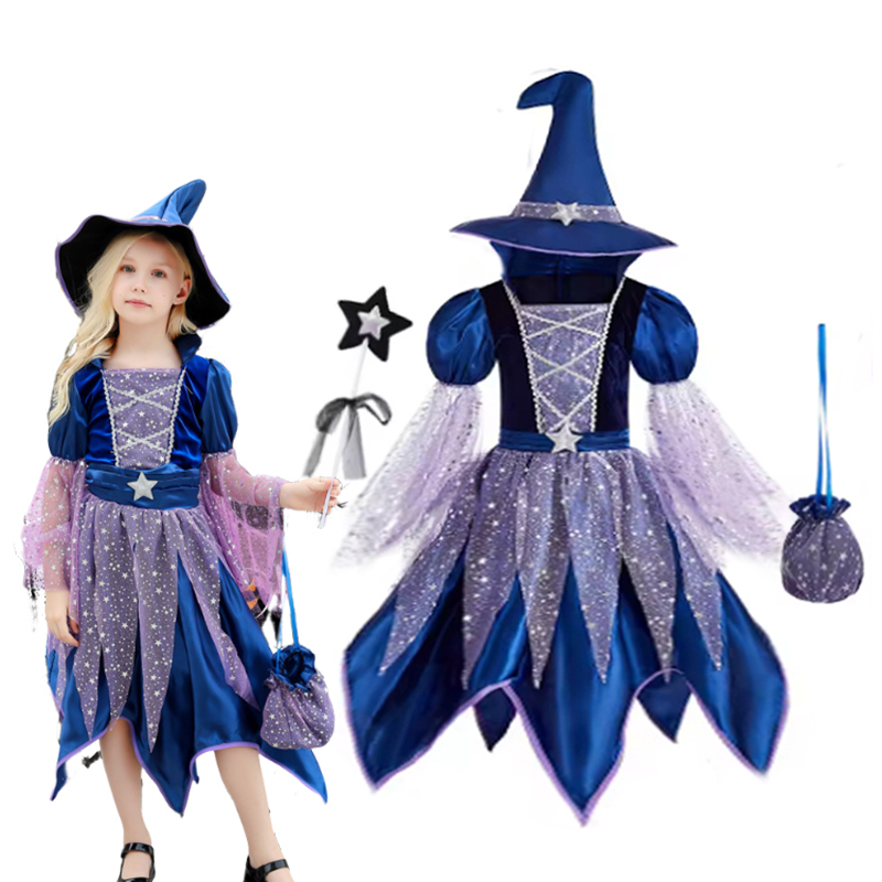 Kostiumy na Halloween Sukienka Wiedźmy dla Dziewczynek Dzieci Cosplay Karnawałowy Strój Wiedźmy Sukienka Dyniowa Przebranie z Torbą Kapeluszem Różdżką Ubrania