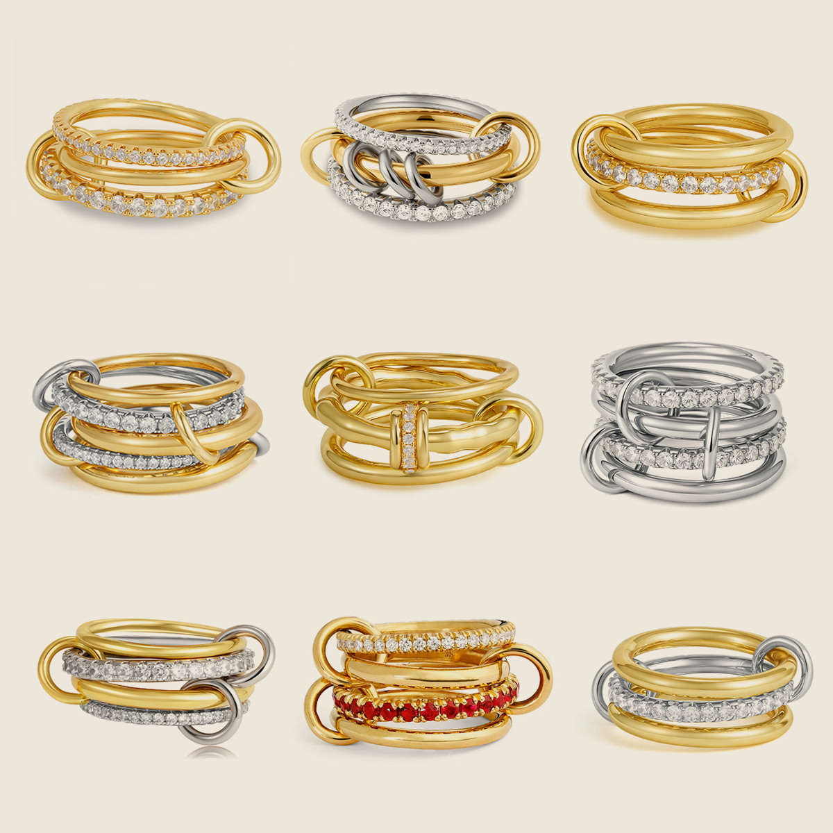 Anillos de conexión multicapa chapados en oro de circonia cúbica de lujo para mujer, anillo de dedo apilable de colores mezclados a la moda, joyería de fiesta