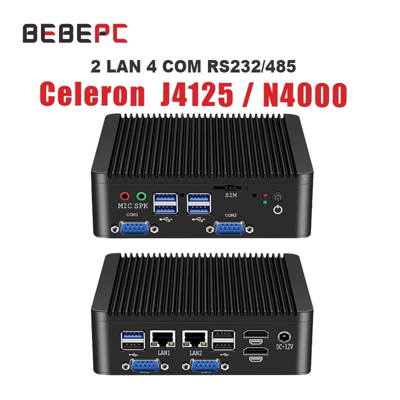 BEBEPC Mini PC Industrial sin ventilador Celeron J4105 Quad-Core N4000 2 LAN 4 COM ordenador de escritorio Windows 10 Pro Linux WIFI minipc