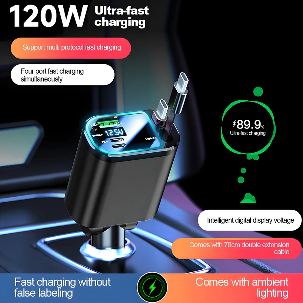 Carregador de Carro 5 em 1 USB Tipo C PD com Carregamento Rápido e Cabo Retrátil para Samsung Huawei, Adaptador Universal para Acendedor de Cigarros