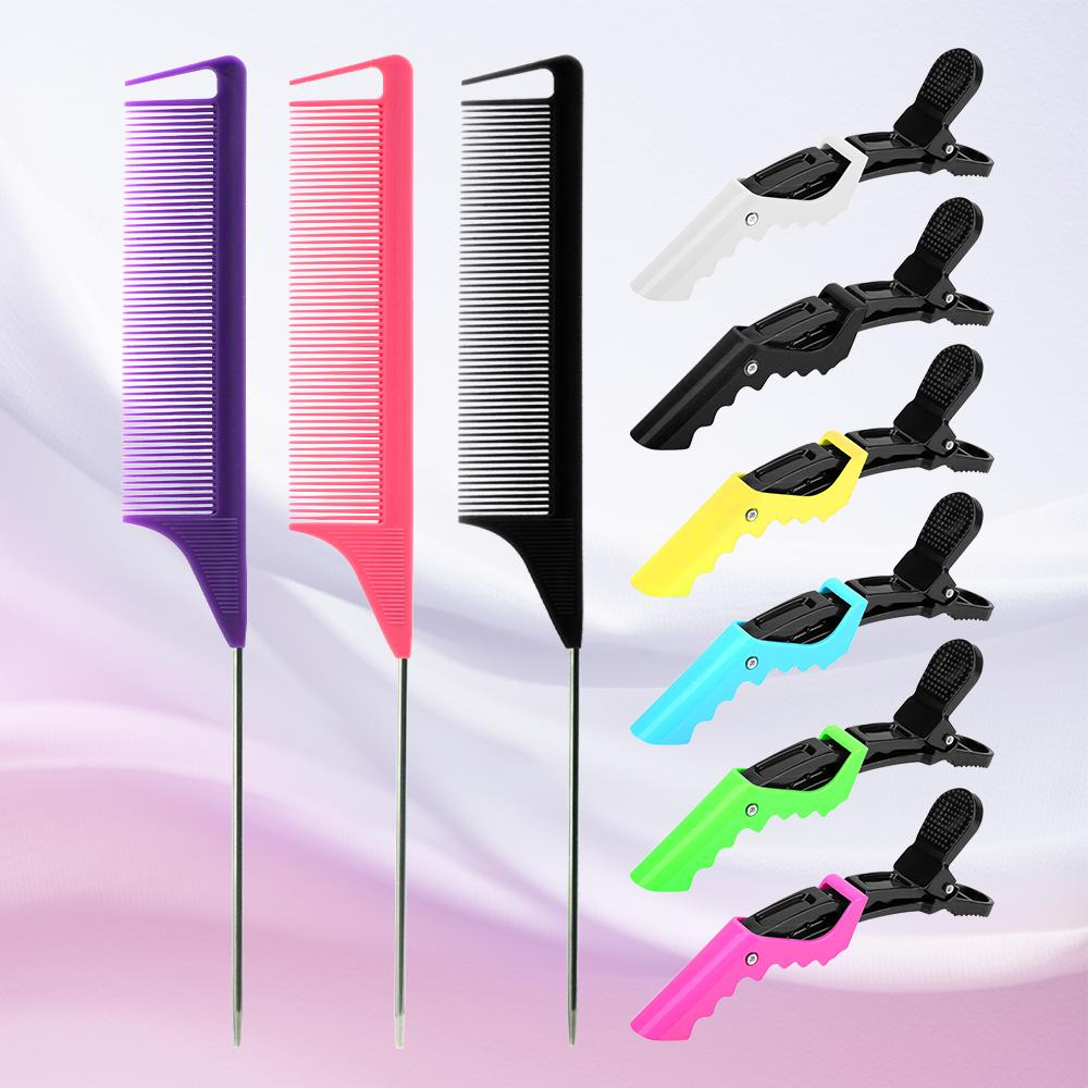9PCS Alligator Clips and Steel Pins Pointed Tail Picking Comb Heat-resistant Anti-static Supplies Professional Hairdressing