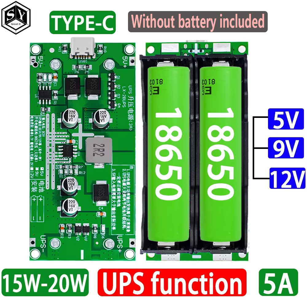 Type-C 15 W 3A 18650 lithiumbatterijladermodule DC-DC Step Up Booster Snel opladen UPS-voeding / converter 5 V 9 V 12 V