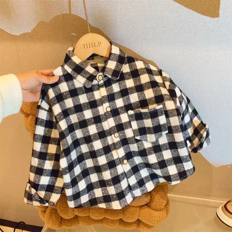 Kid's Long Sleeve Shirts 2-7Y 2024 Autumn Boys Vintage Plaid Shirt Girls Casual Turn Down Collar Blouse Children's Base Tops