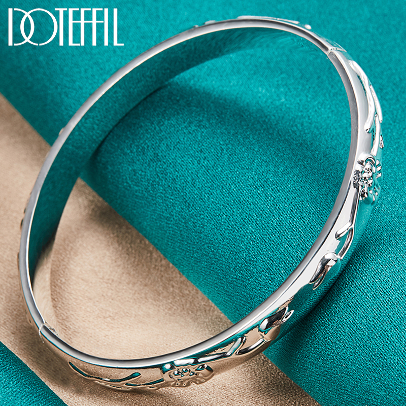 Dotefril Gelang Bangle Cuff Mawar Bunga Perak Murni 925 untuk Hadiah Pesta Perhiasan Pertunangan Pernikahan Wanita