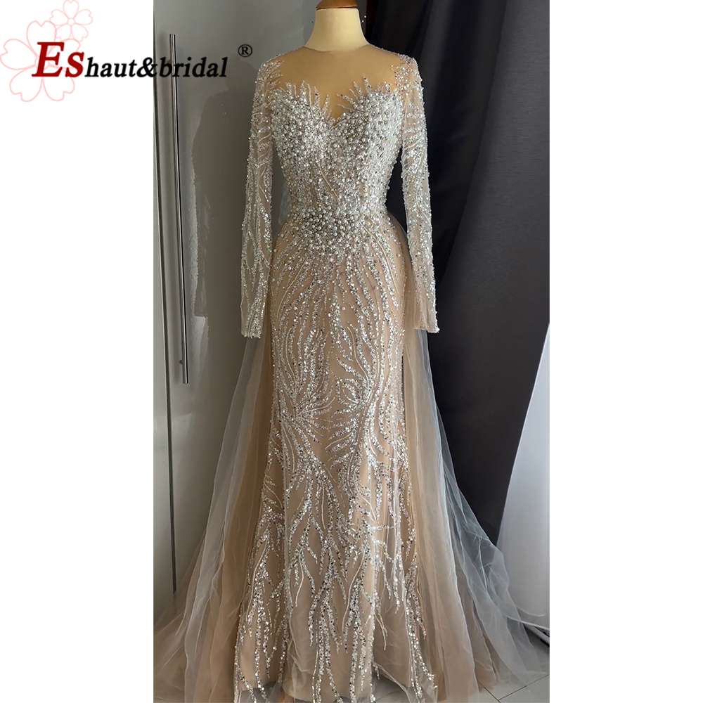 Robe de soirée élégante pour femmes, manches longues, style sirène, traîne détachable, perles, robe formelle de bal de mariage, personnalisée, 2025