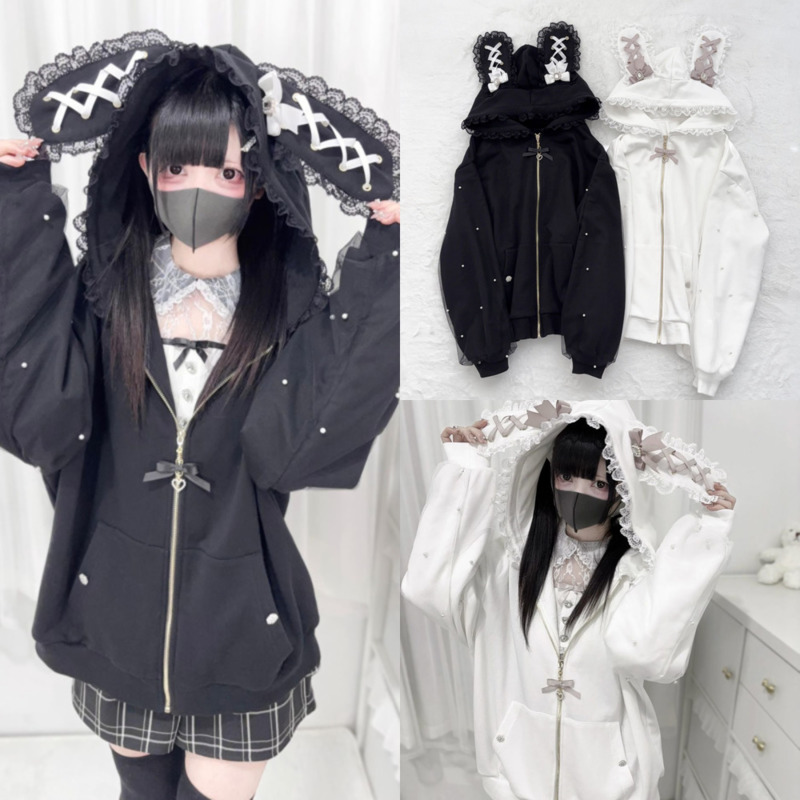 Sudadera con capucha de conejito Y2K, Sudadera con capucha con orejas de conejo, chaqueta de Lolita con lazo para niñas, cárdigan de encaje japonés JK con cremallera Kawaii, Top de manga larga