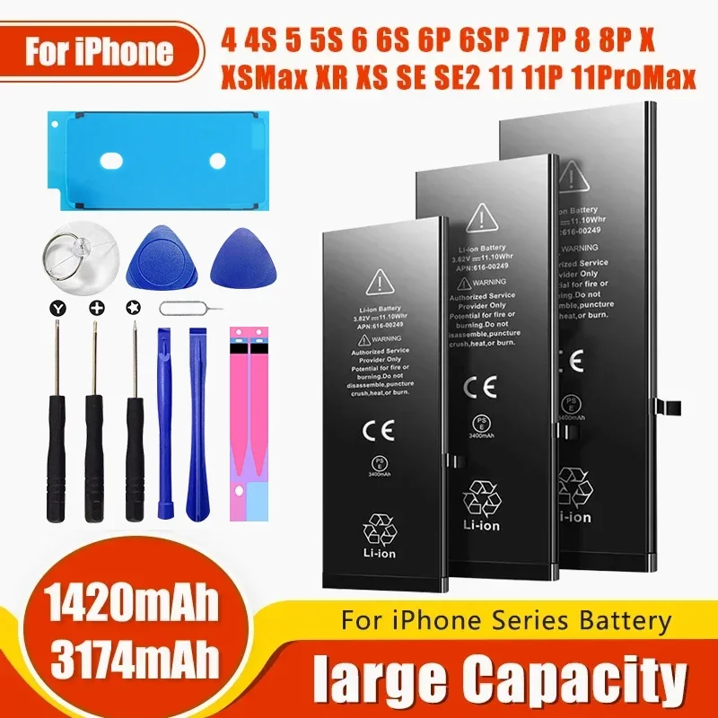Аккумулятор большой емкости для iPhone 4 4S 5 5S 5C SE 2020 6 6S 7 8 SE2 Plus X XR XS 11 Pro Max, пакет для мобильного телефона, новый 0 циклический уплотнитель