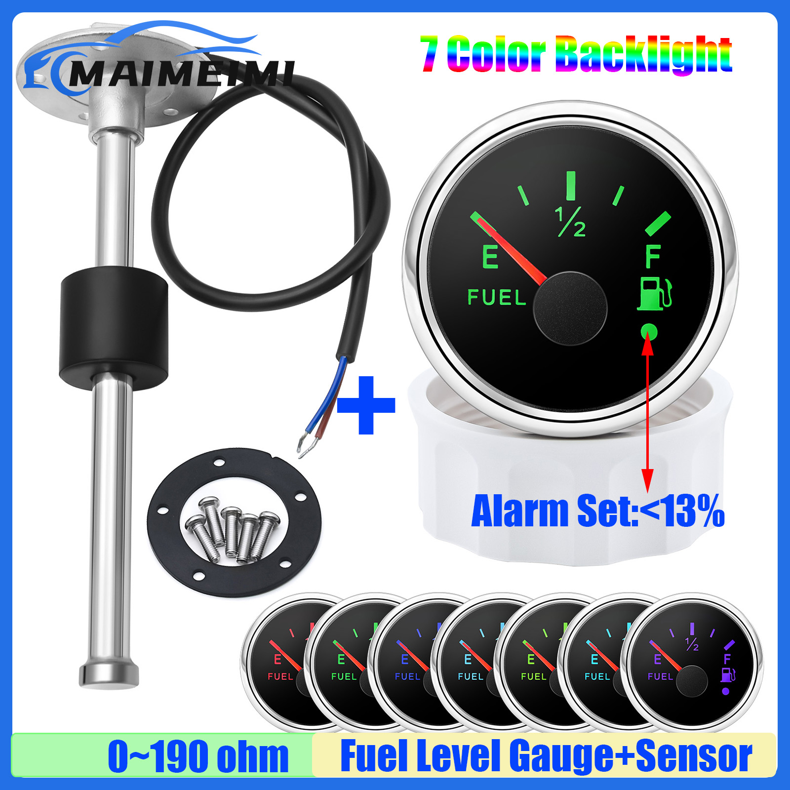 Waterproof 52mm Fuel Level Gauge with Flash Alarm+Oil Float Sensor 0-190 OHM Fuel Tank Meter 7Color LED for Car Yacht 12V Custom