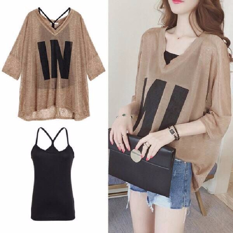 Damskie luźne koszulki z półrękawem V-Neck Summer Causal Letter Print Crops Tops Pullovers Tees Streetwear Y2K 2pcs T Shirt+Tank