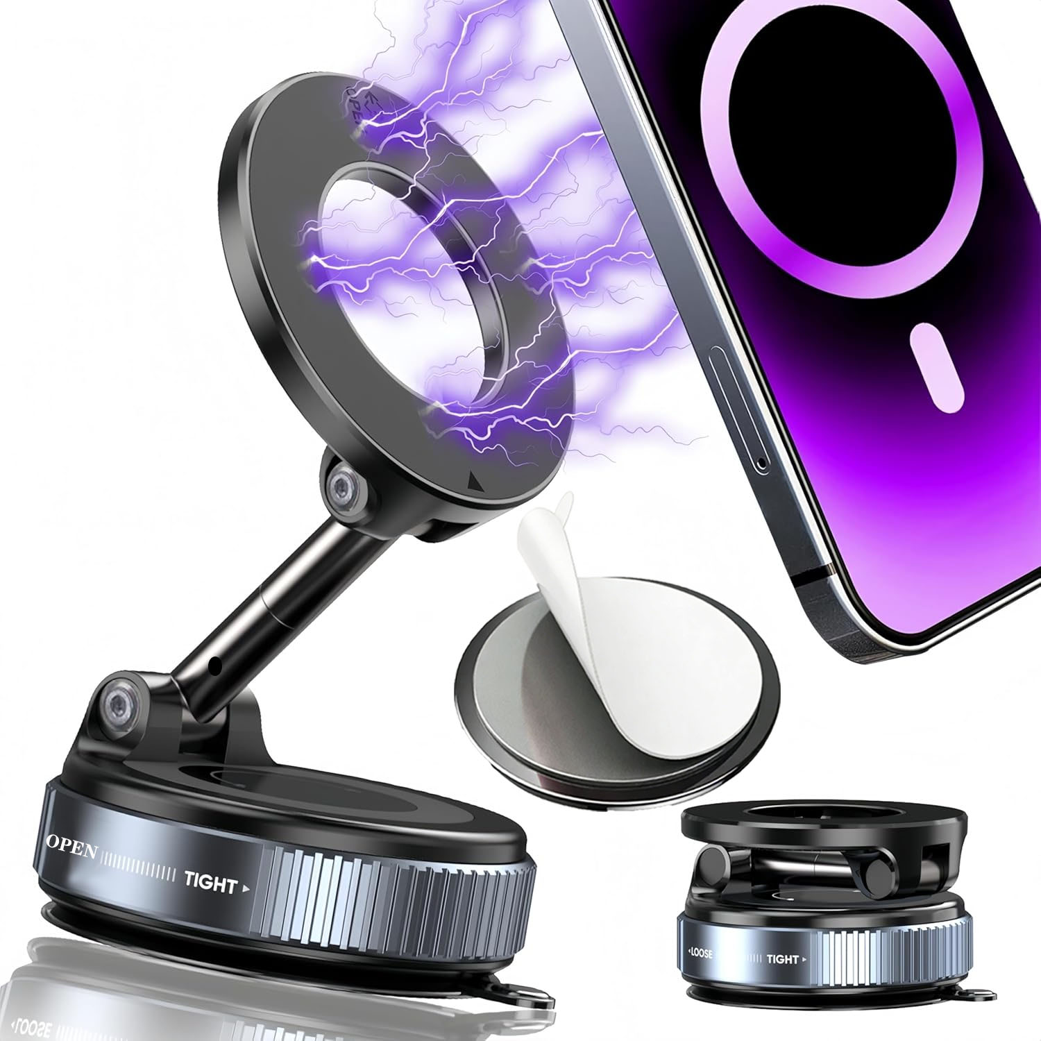 Support de téléphone magnétique pliable amélioré pour voiture – Aimant N52 pour une maintien ultra-forte, 360° °   Rotatif, ventouse pour tableau de bord, ABS