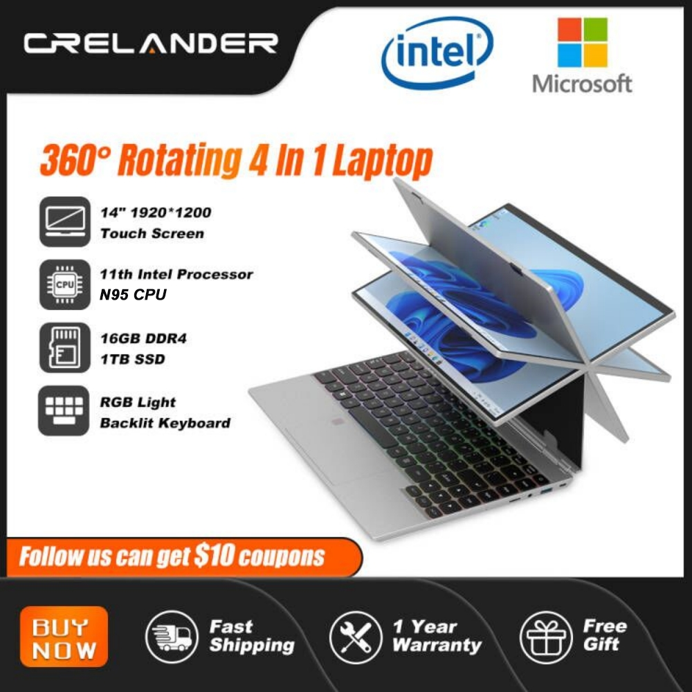 CRELANDER 360 Grad drehbarer Touchscreen-Laptop 14 Zoll Intel N95 RAM 16 GB Windows 11 tragbarer PC Notebook 2-in-1-Laptop