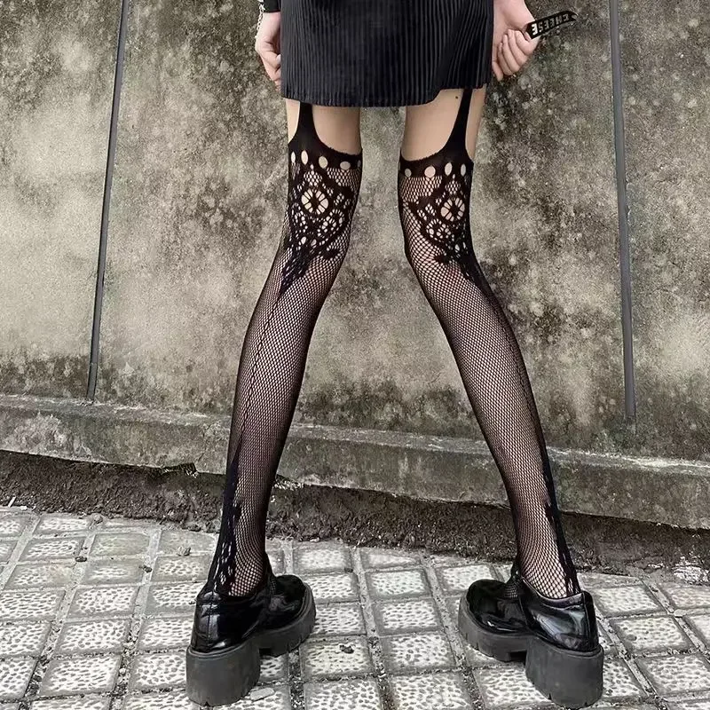 Gothic Dark Girl długie seksowne pończochy kabaretki damskie klasyczny Design Harajuku Emo rajstopy siatkowe bielizna zakolanówki podwiązki wyroby pończosznicze
