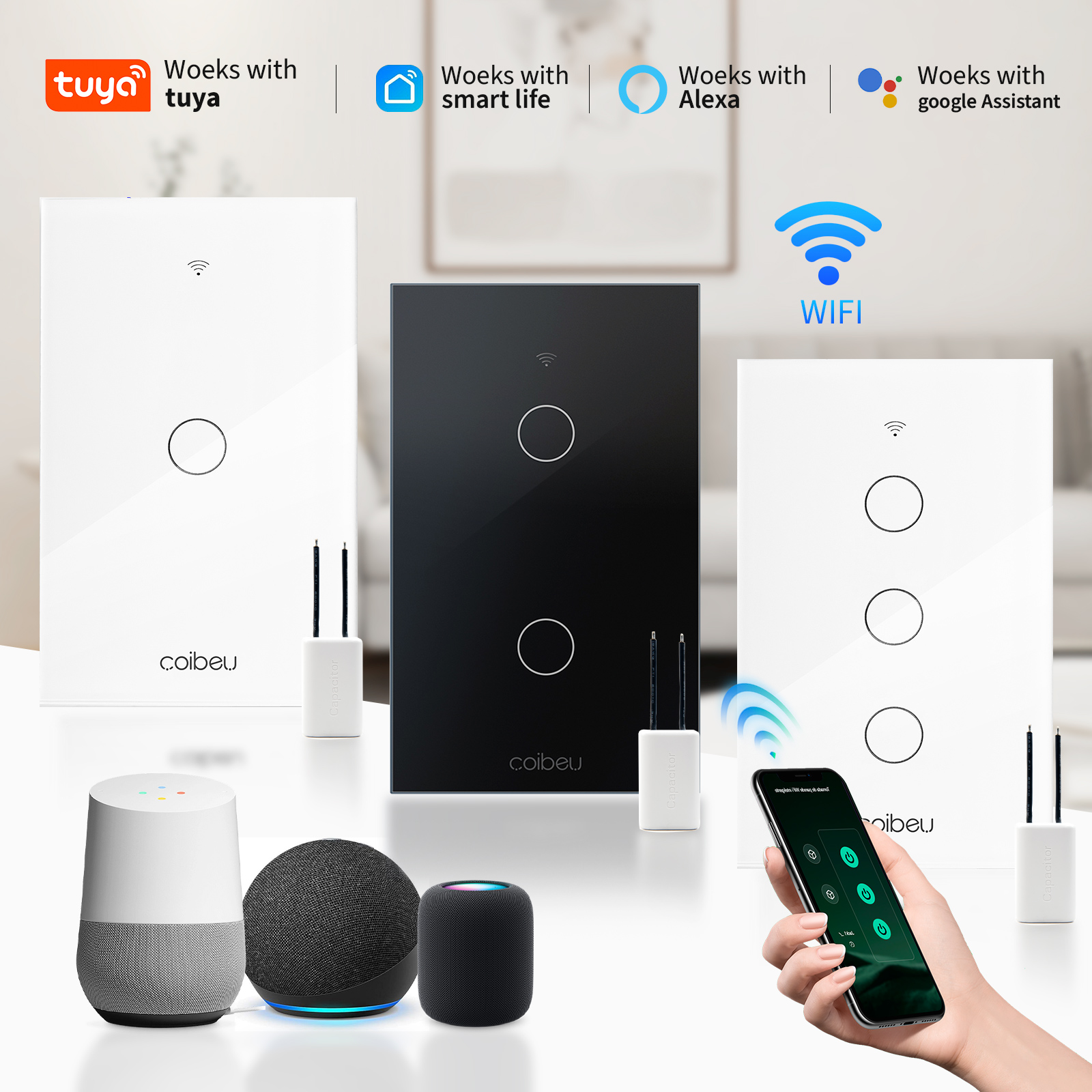 ไม่มี Neutral, Alexa, Alexia, Tuya, สวิตช์แบบสัมผัส, สวิตช์ควบคุม, สวิตช์ Wi‑Fi อัจฉริยะ, เต้ารับ Wi‑Fi อัจฉริยะ