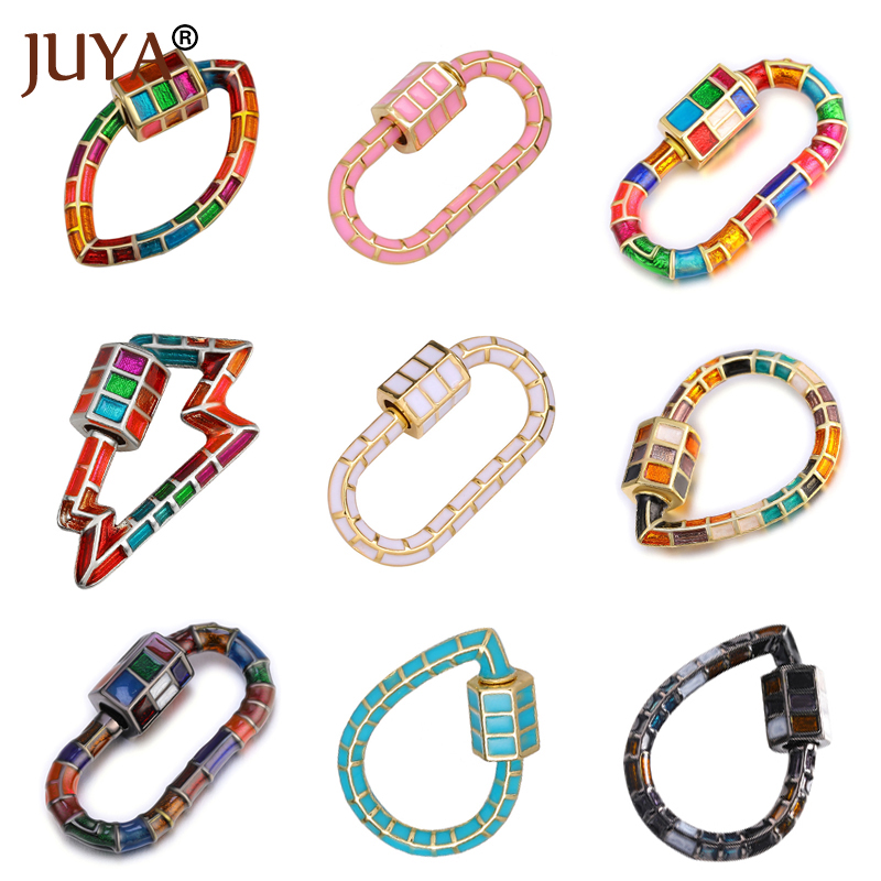 JUYA-cierres de tornillo de esmalte de cobre para mujer, mosquetón de bloqueo de arco iris ovalado, hallazgos de joyería, accesorio de collar hecho a mano