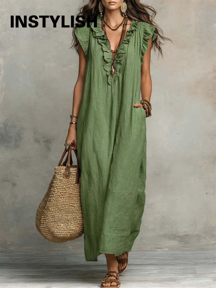 Novo Vestido Maxi Boêmio 2026 Feminino com Babados, Decote V, Sem Mangas, Caimento Solto, Vestido Longo Casual Liso para o Dia a Dia e Praia com Bolsos