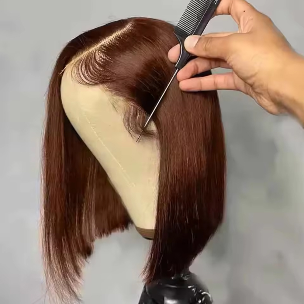 Peluca de Cabello Humano 100% Natural con Línea de Cabello Pre-Definida, Peluca Frontal de Encaje HD 13x4 # 4 Pelucas cortas rectas de color marrón chocolate de 16 pulgadas para mujer
