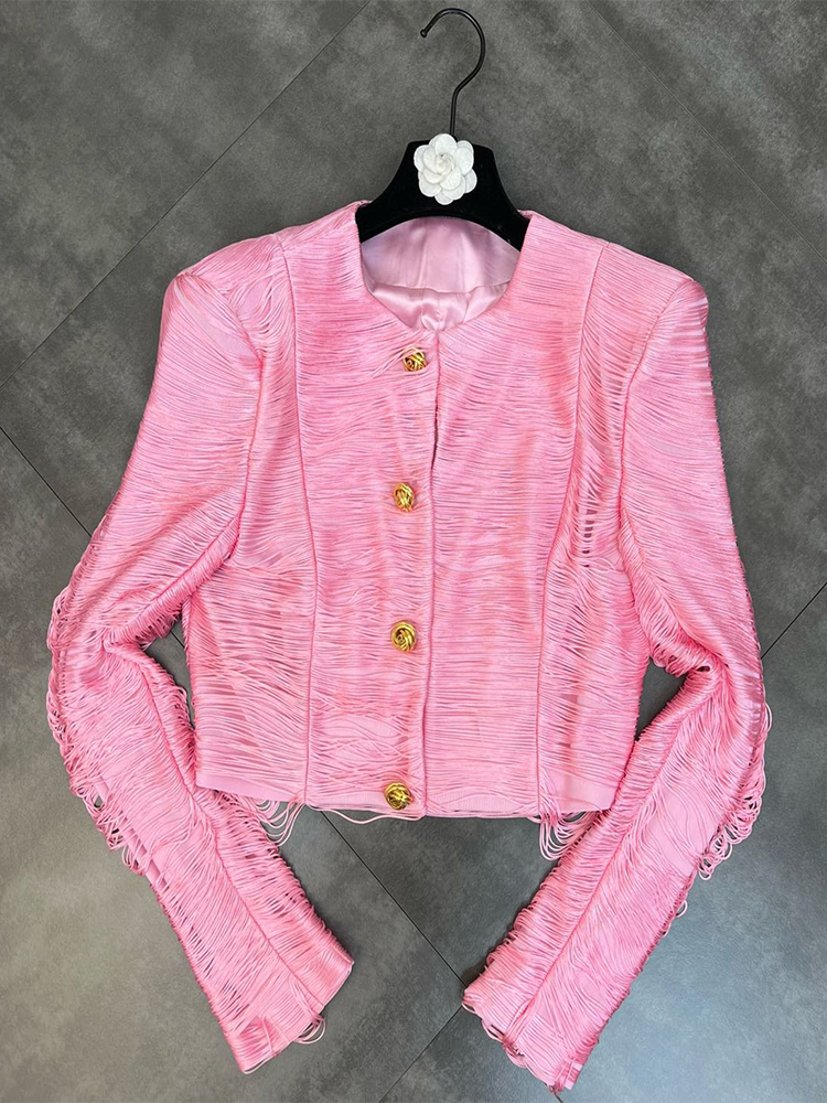 Jaket Pendek Wanita Model Terbaru 2026 dari HIGH STREET, Desainer Fashion, Kerah Bulat, Bantalan Bahu, Lengan Panjang, Hiasan Garis