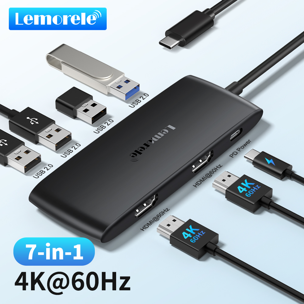 Lemorele TC510 7-in-1 USB-C Docking Station USB Hub Adapter USB C ke Dual HDMI 4K@60Hz untuk Laptop Windows MacBook Air