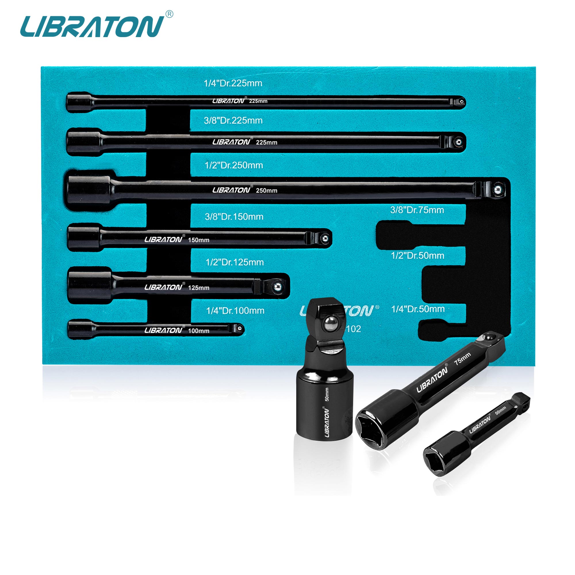Libraton Juego de 9 extensiones de enchufe oscilante, extensiones de trinquete 1/4" 3/8" 1/2", extensiones oscilantes, extensión de enchufe de accionamiento