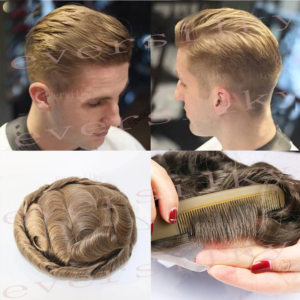 Tupé de cabello humano Natural para hombres, prótesis de repuesto, rubio ceniza, marrón, negro, transpirable, encaje Q6, unidades de PU