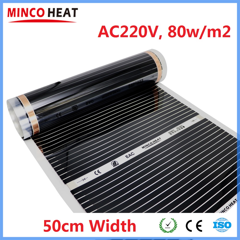 Warm Infrared Floor Heating Film, Energy Saving Mat, todos os tamanhos, 80 W/m², 50cm de largura, AC220V