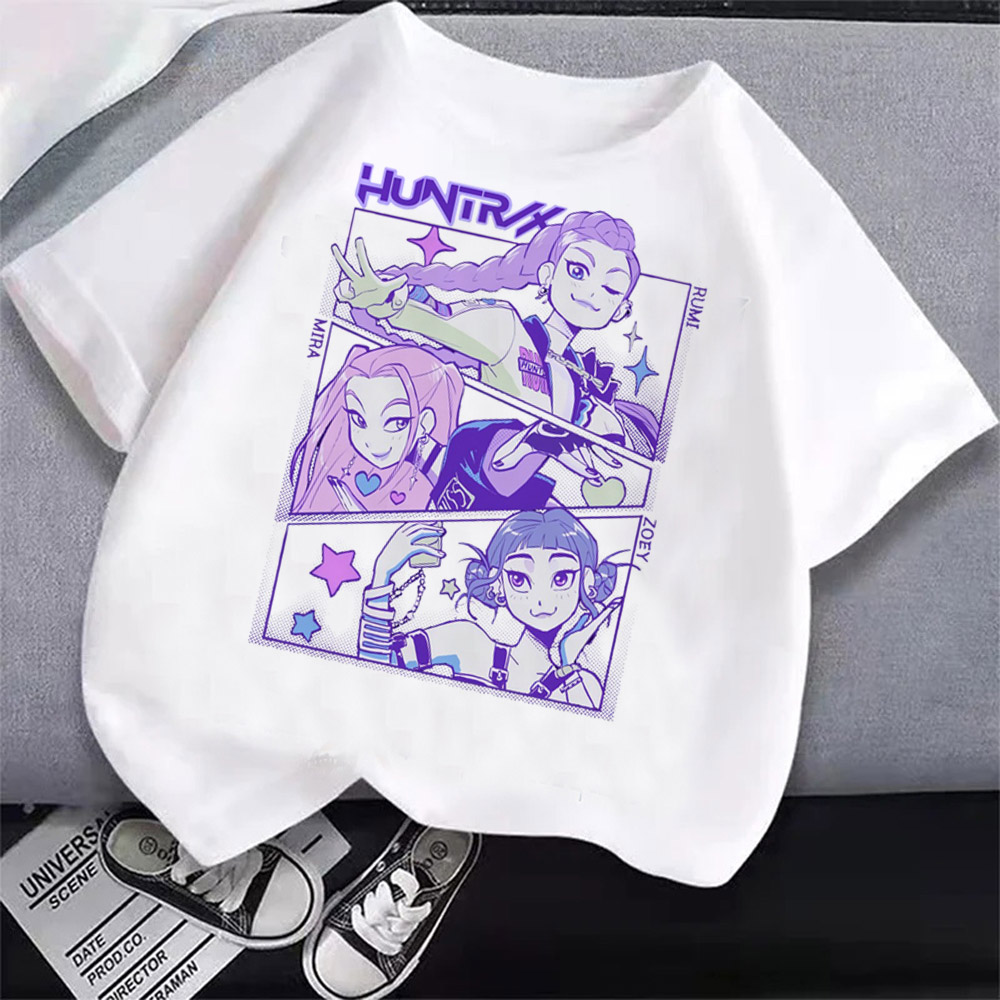 Camiseta KPop Demon Hunters para niños, ropa con estampado de Meme de dibujos animados de Anime, camisetas básicas con cuello redondo para niños, camisas informales